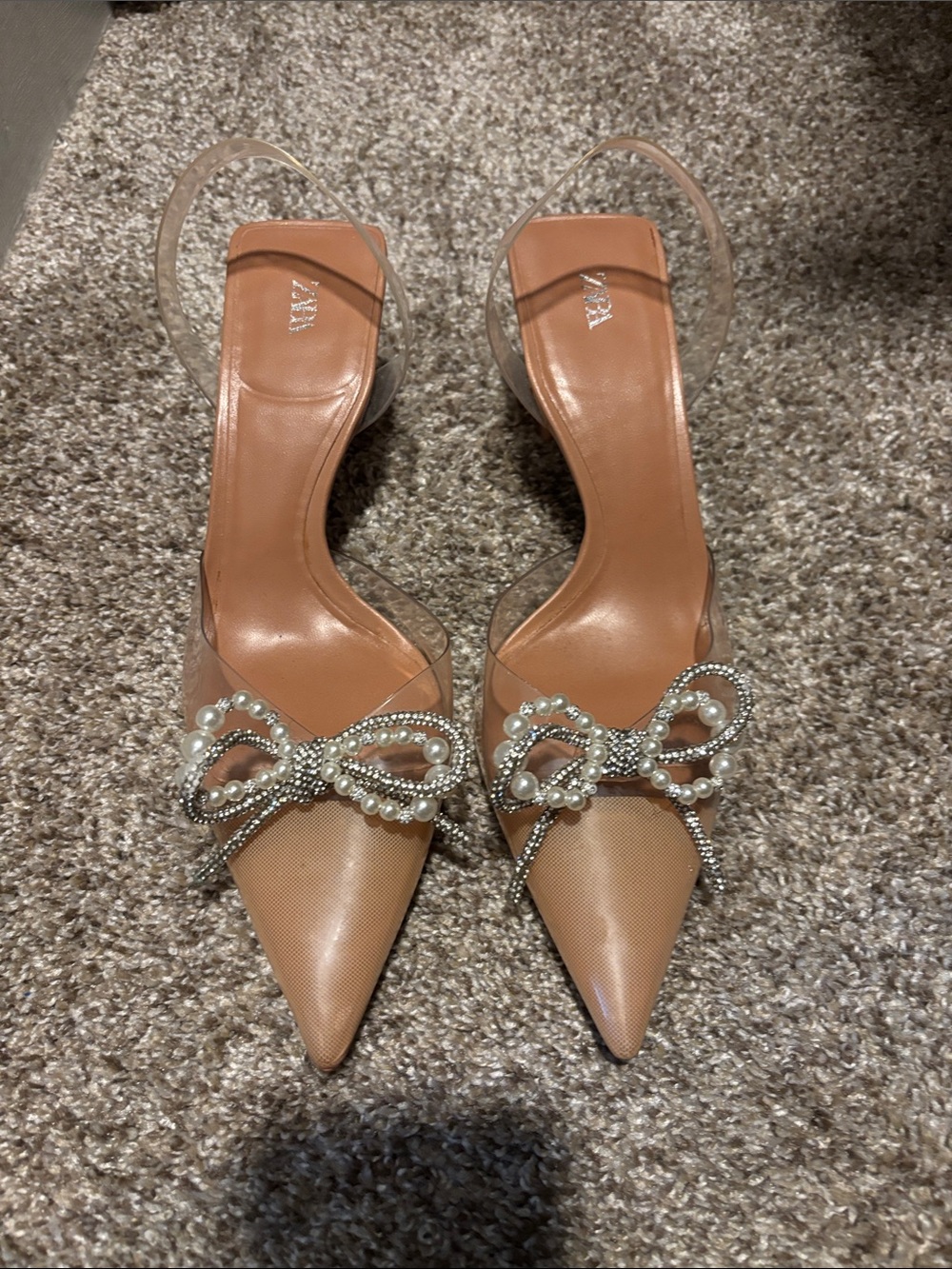 Zara Nude Pointed Slingback Heels with Pearl & Crystal Bow